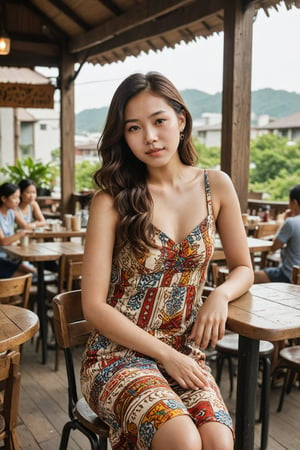 A  Taiwan-korean mixed race girl, 20-year-old, 
The photo features a young woman seated at an outdoor café. She is wearing a sleeveless, ribbed, beige dress that hugs her figure and reaches mid-thigh. The dress has thin straps and a scoop neckline. The woman has long, wavy hair and a relaxed, natural look. The background includes wooden tables, chairs, and large windows, creating a cozy, rustic atmosphere. The scene is well-lit, suggesting a sunny day.


A vibrant African print dress, colorful and bold, at a bustling market.
