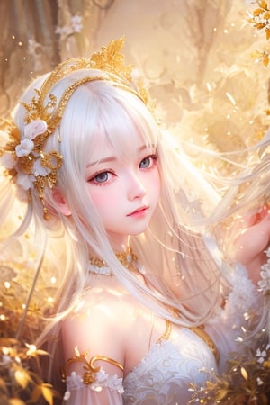 masterpiece, best quality, ultra-detailed, illustration, close-up, straight on, face focus, 1girl, white hair, golden eyes, long hair, halo, serene expression, looking at viewer