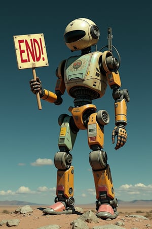 a huge robot made of discarded consumer electronics stands on a tiny moon while holding a sign that reads: "END!"