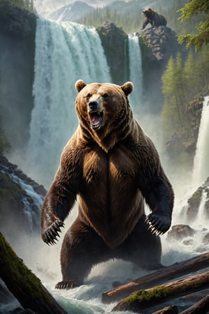 A hyper-detailed bear portrait in realistic style, a majestic bear in a forest next to a waterfall showing his power, bear furious expression, bear raised on two legs in battle pose, full body, magic energy conjuration, cinematic shot in ultra realistic skin canon fantasy magic horror atmosphere (highly detailed environment: 1.3), HellAI