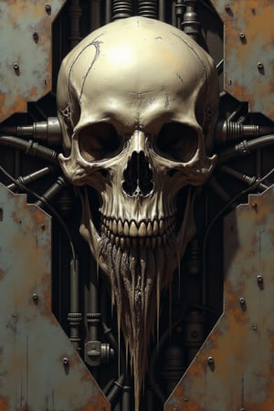 symmetrical and frontal portrait of a skull, front and semi-symmetrical, Focus on a human skull, A portrait of a skull, moebius style illustration, human skull as a trophy hanging on a wall, aesthetic, score_9, score_8_up, score_7_up, lPortrait, Only part of the skull, A biomechanical human skull in the style of H.R. Giger, skull attached to cyberpunk biomechanical machine, skull embedded in a biomechanical machine, suspended and welded to a biomechanical wall, characteristic of H.R. Giger, its shape is a hypnotic fusion of a biomechanical human skull of a human being in the style of H.R. giger, an ominously intricate machine, parts of the crane subtly morph into cold yet complex metallic contours, dark environment with fog, Human skull subtly attached and fused to the biomechanical environment, biomechanical pipes, water vapor and fog surround her, horror atmosphere, slimy slime drips from her body, alien style 1979

legendofnerd style, simple BREAK background, diagonal abstract structure on the background. add text as artist signature "Drauka"

color pencil, sketch, painting, paper texture, art_solyanka, SKP-highly detailed, SamYoung_Illustration