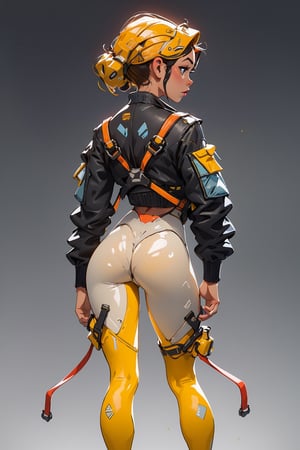 Solo girl, 1 Girl, white tech bodysuit clothing, yellow sports leggings, tech harnesses, cargo straps, tech wear, military red pilot jacket, cargo, back, rear view, rear view, AgoonGirl, full body, detailed face, MUSCULAR, CURVED BACK, round butt, plain bottom, bottomless, gradient bottom