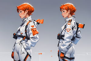 character characteristics, front profile and back, Lady, full body, short orange hair, girl wearing a white technical suit, white sports tights, technical harnesses, loading straps, technical clothing, military red pilot jacket, plain background, no background, gradient background