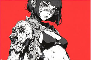 Ink art, Comic style art, Black and white portrait, Grayscale shadows, Outline drawing, Waist to head portrait, Focus on torso, Cowboy shot, Portrait, Young cyberpunk style girl, Short bob hair, Serious look, Half-open eyes, Dark circles, Full lips, Two tone cyberpunk manga style, Grayscale, Girl wears a bikini top, Shoulder pads, Futuristic glasses, Belly button
Red gradient background,