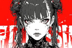 Ink art, Comic style art, Black and white portrait, Outline drawing, Focus on the face, Cyberpunk style girl, Two pigtails hairstyle, Serious look, Half-open eyes, Dark circles, Full lips, Two-tone cyberpunk manga style, Grayscale, Red gradient background,