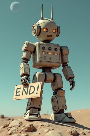 a huge robot made of discarded consumer electronics stands on a tiny moon while holding a sign that reads: "END!"