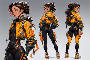 character art, character characteristics, front profile and back, Solo girl, 1 Girl, white tech bodysuit clothing, yellow sports leggings, tech harnesses, cargo straps, tech wear, military red pilot jacket, cargo, back, rear view, rear view, AgoonGirl, full body, detailed face, MUSCULAR, CURVED BACK, round butt, plain bottom, bottomless, gradient bottom