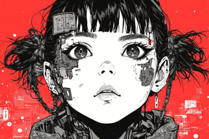 Ink art, Comic style art, Black and white portrait, Outline drawing, Focus on the face, Cyberpunk style girl, Two pigtails hairstyle, Serious look, Half-open eyes, Dark circles, Full lips, Two-tone cyberpunk manga style, Grayscale, Red gradient background,