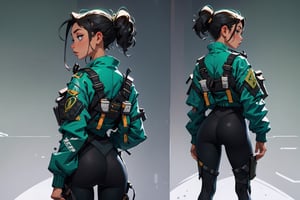character characteristics, front profile and back, Solo girl, 1 Girl, white tech bodysuit clothing, gray sports leggings, tech harnesses, cargo straps, tech wear, military green pilot jacket, cargo, back, rear view, rear view, AgoonGirl, full body, detailed face, MUSCULAR, CURVED BACK, round butt, plain bottom, bottomless, gradient bottom