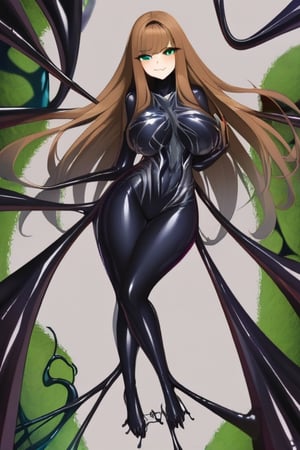 symgirl, women wearing polish liquid viscous venom symbiote suit with green eyes long fine asymmetrical side parted tucked to the side smooth straight hair bob hairstyle,Black Liquid Clothing,masterpiece, best quality,  yamai_ren, 1girl, solo, purple eyes, brown hair, long hair, smile, looking at viewer, from above, school uniform,Black Liquid Clothing ,Symbiote Takeover,spiderwoman , black bodysuit,
