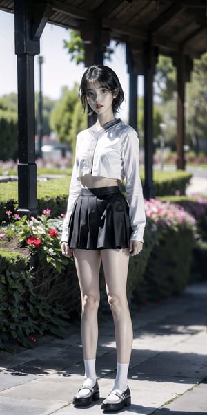 graceful and peaceful, detailed features, beautiful eyes, detailed long lashes, (natural skin texture, hyperrealism, beutiful eyes, detailed eyes,full body, iu, garden,shoes,standing up,short skirt,black hair,slender, cheerleader outfit