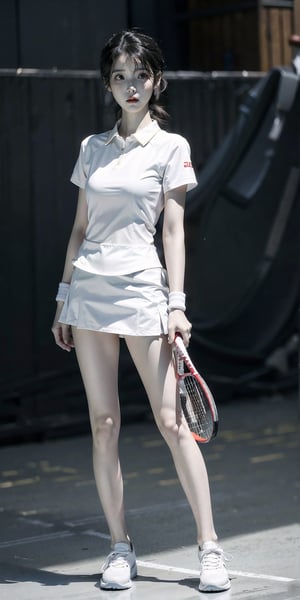 graceful and peaceful, detailed features, beautiful eyes, detailed long lashes, (natural skin texture, hyperrealism, beutiful eyes, detailed eyes,full body, iu, tennis,shoes,standing up,black hair,slender,  tennis uniform