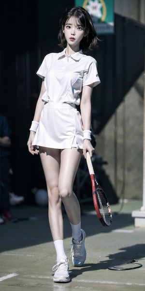 graceful and peaceful, detailed features, beautiful eyes, detailed long lashes, (natural skin texture, hyperrealism, beutiful eyes, detailed eyes,full body, iu, tennis,shoes,standing up,black hair,slender,  tennis uniform,stretch,