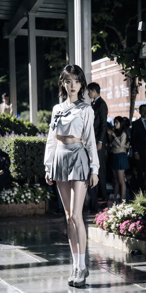 graceful and peaceful, detailed features, beautiful eyes, detailed long lashes, (natural skin texture, hyperrealism, beutiful eyes, detailed eyes,full body, iu, garden,shoes,standing up,short skirt,black hair,slender, cheerleader outfit