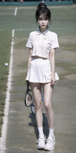 graceful and peaceful, detailed features, beautiful eyes, detailed long lashes, (natural skin texture, hyperrealism, beutiful eyes, detailed eyes,full body, iu, tennis,shoes,standing up,short skirt,black hair,slender,  tennis uniform