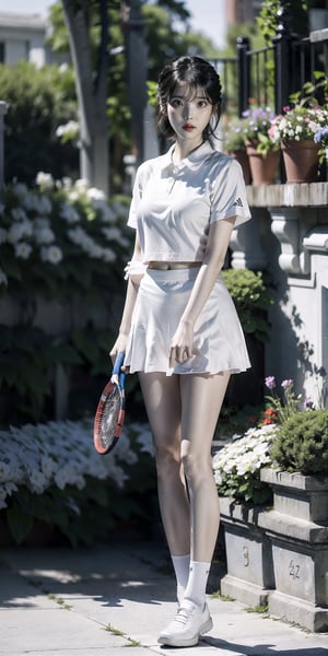 graceful and peaceful, detailed features, beautiful eyes, detailed long lashes, (natural skin texture, hyperrealism, beutiful eyes, detailed eyes,full body, iu, garden,shoes,standing up,short skirt,black hair,slender,  tennis uniform