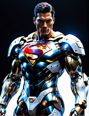 anatomically correct a bio mechanical cyborg superman made of glass white and gold, transparent body, (extremely detailed face, full body, look at viewer),carbon fiber texture, carbon fiber, soft bright background, shine, subsurface scattering, transparent, glow, bloom, jellyfish, coral, Bioluminescent liquid, volumetric light, tube, 3d style,cyborg style,Movie Still,Leonardo Style,cyborg,mecha,starry,blessedtech,Sexy Muscular,Handsome Thai Men,android,robot