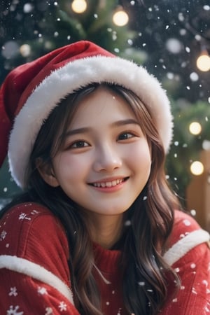 a woman sitting under a Christmas tree and smiling, at night, wear Christmas hat, outdoor, detail, beautiful, realistic, 4k, falling_snow,korean girl,aesthetic portrait