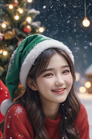 a woman sitting under a Christmas tree and smiling, at night, wear Christmas hat, outdoor, detail, beautiful, realistic, 4k, falling_snow,korean girl,aesthetic portrait