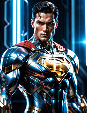 anatomically correct a bio mechanical cyborg superman made of glass white and gold, transparent body, (extremely detailed face, full body, look at viewer),carbon fiber texture, carbon fiber, soft bright background, shine, subsurface scattering, transparent, glow, bloom, jellyfish, coral, Bioluminescent liquid, volumetric light, tube, 3d style,cyborg style,Movie Still,Leonardo Style,cyborg,mecha,starry,blessedtech,Sexy Muscular,Handsome Thai Men,android