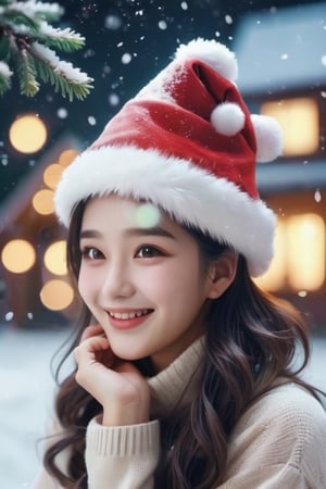 a woman sitting under a Christmas tree and smiling, at night, wear Christmas hat, outdoor, detail, beautiful, realistic, 4k, falling_snow,korean girl,aesthetic portrait