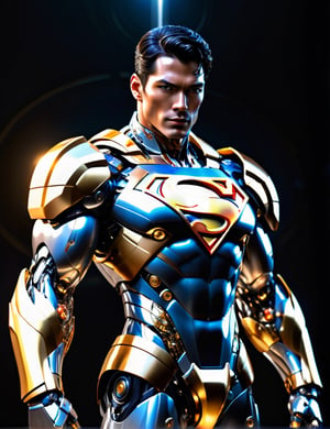 anatomically correct a bio mechanical cyborg superman made of glass white and gold, transparent body, (extremely detailed face, full body, look at viewer),carbon fiber texture, carbon fiber, soft bright background, shine, subsurface scattering, transparent, glow, bloom, jellyfish, coral, Bioluminescent liquid, volumetric light, tube, 3d style,cyborg style,Movie Still,Leonardo Style,cyborg,mecha,starry,blessedtech,Sexy Muscular,Handsome Thai Men,android,robot