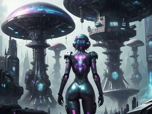 Masterpiece, photorealistic, she backside stands, mechanical girl in front of futuristic building, (gigantic mushroom form buiding), vibrant colors, alien planet scenery, surreal photography, sci fi, (best quality), (futurisctic alien laboratory), blue colors, green colors, cyberpunk scenery, rainy day,  more detail, shiny transparent, colorful summer world,DonMC3l3st14l3xpl0r3rsXL,Mecha body,glitter,shiny
