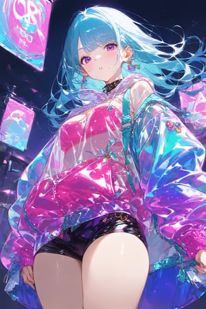 transparent color PVC clothing, transparent color vinyl clothing, prismatic, holographic, chromatic aberration, fashion illustration, masterpiece, girl with harajuku fashion, looking at viewer, 8k, ultra detailed, pixiv
,masterpiece, best quality, score_9, score_8_up, score_7_up, ultra-detailed, Best-A, Medium-B, Low-C, Bad-D,