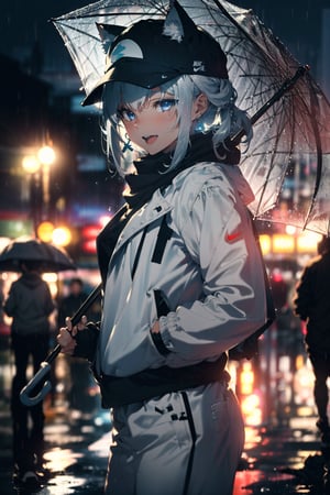 1girl, silver hair, blue eyes, holding umbrella, cat ears, long hair, scarf, (blurry background:1.4), cowboy shot, volumetric lighting, dim lighting, blurry background, at a busy interchange at night in the rain, (skinny:1.2), (depth of field:1.2), :d, earrings, sneakers, hoop earrings, white pants, nike, white jacket, baseball cap