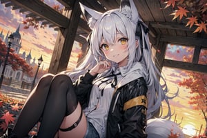 pixai, 1girl, white haired, long hair, fox girl, (black fox ears), (1fox_tail), hair ribbon accessories, neck ribbon, white collared buttoned shirt, black jacket-hoodie, black denim shorts, black thigh highs, shrine, sunset, intricate details, highres, best quality, yellow eyes, kind smile, looking at viewer, HDR, autumn, autumn leaves,