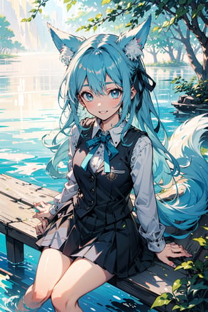 1 fox girl, iolite eyes, fox tail, fox ears, long hair, light blue hair, smile, parted lips, cute, medium breasts, (ribbon:1.1), vest, skirt, elegant, sitting, (legs apart:1.3), clear and quiet lake, pier, soft sunlight, nature, reflection, sharp focus, looking at viewer, cowboy shot, close-up, (intricate:1.1), (light blue theme:1.1), (light blue tone:1.1), (silver tone:0.7), illustration,