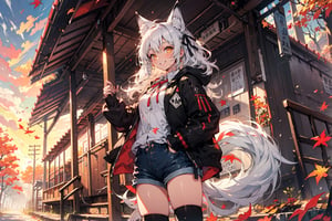 pixai, 1girl, white haired, long hair, fox girl, (black fox ears), (1fox_tail), hair ribbon accessories, neck ribbon, white collared buttoned shirt, black jacket-hoodie, black denim shorts, black thigh highs, shrine, sunset, intricate details, highres, best quality, yellow eyes, kind smile, looking at viewer, HDR, autumn, autumn leaves,