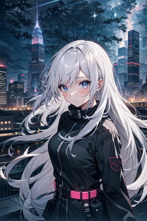 1girl, white hair, long hair, sparkling eyes, city, night, neon lights, skyscraper, rooftop, starry sky, masterpiece, best quality,