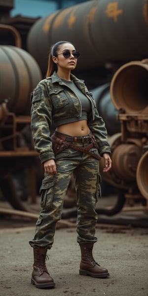 A fierce young woman with a military style, standing in an industrial setting with large metal containers behind her. She is wearing a camo-print jacket, cargo pants, and combat boots, with a belt and aviator sunglasses. The industrial area is filled with heavy machinery and rusted metal. The camera uses a low-angle shot with a 35mm lens, giving her a commanding presence in the frame. The lighting is harsh and direct, casting strong shadows that highlight the ruggedness of her outfit and the toughness of the setting. The image is in 4K resolution, capturing the gritty details of her military-inspired clothing and the raw, industrial environment, ek_ph0t0_b00ster