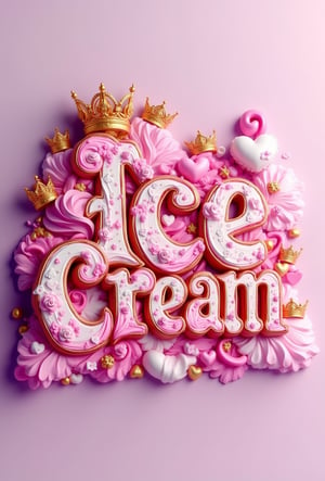 A stunning 3D illustration that masterfully portrays the name "Ice Cream" in exquisite, opulent lettering. The vibrant font, crafted in fuchsia, pink, and white,is adorned with swirling patterns, hearts, and magnificent gold crowns on each letter, exuding a sense of royal grace and elegance. The composition gracefully leans towards the right, with various shapes adding depth and dimension, drawing the viewer into the artwork. The subtle, muted background harmonizes with the vibrant colors and intricate details, creating a visually pleasing balance. This captivating visual homage celebrates a beloved and cherished mother, highlighting the artist's exceptional talent and skill in seamlessly integrating photography, 3D rendering, and illustration., illustration, 3d render, graffiti, vibrant