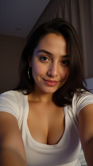 busty kashmiri girl, loose white round neck tshirt, dimly lit room, doggystyle selfie selfshot in bed