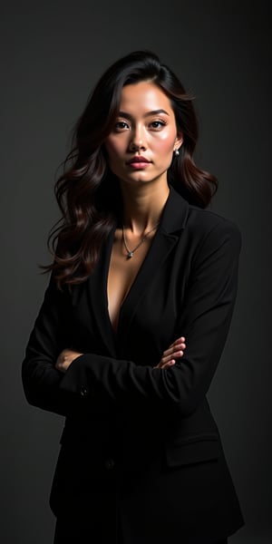 Ultra-realistic photograph of a woman standing confidently in a dimly lit studio. [The background is smooth, dark grey, with soft shadows fading into the edges]. She is wearing a fitted black blazer, left slightly open to reveal a subtle, natural elegance. Her long, wavy hair cascades over one shoulder, catching the light on its textured surface (composed: 1.5). Her expression is serene, yet powerful, with a slight lift in her lips, suggesting quiet confidence. [Minimal lighting from the side creates soft highlights on her face, while the shadows accentuate her jawline and cheekbones].

Camera angle: medium close-up, framed from the torso up. Focal length: 50mm, ensuring clarity and sharpness in the subject's features while keeping the background soft. Lighting: a single softbox at a 45-degree angle, casting gentle contrast between the illuminated and shaded parts of her face. Depth of field is shallow, bringing the focus entirely on her face and posture, with the background subtly blurred. ISO set to 800, exposure balanced to highlight her face and the texture of her hair and blazer without overexposing the scene.

The atmosphere is calm and poised (empowerment: 1.3), with the soft lighting adding a sense of depth and elegance. [Shadows in the background create a soft gradient]. 8K resolution, ultra-detail, with realistic textures in the fabric of the blazer and the delicate shine in her earrings.
