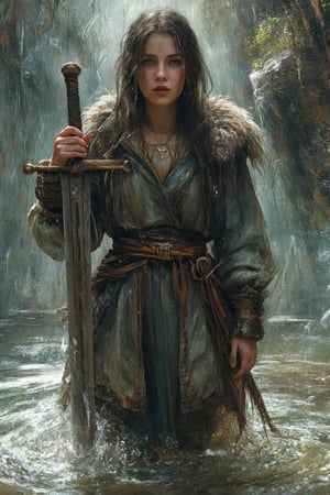 a painting of a woman with a long dark hair stands in the middle of a body of water. She is dressed in celtic dress, adorned with a fur-lined hood. she is holding a large sword in her right hand. Her left hand is positioned in front of her, while her left hand rests on a sword. The woman's right hand is draped over her left shoulder, adding a touch of contrast to the scene. The background is a mix of green, blue, and white, creating a stark contrast with the woman's coat.