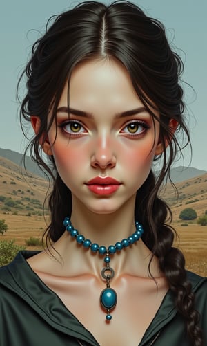 Portrait in digital art technique. The painting shows a woman in a bust, staring with hypnotizing eyes straight ahead at the viewer.  It is worth admiring the meticulousness with which the author depicted every detail of the character's hairstyle and outfit - especially the jewelry element of blue beads decorating the model's slender neck. The image captured the subtlety and sensitivity of the woman depicted. Meticulously reproduced facial features of a West Slavic woman. Protruding cheekbones were perfectly depicted by delicate strokes of the line. The characters' dark eyes give the impression of unusual depth of gaze. The woman's face and neck contrasted with a strongly outlined background depicting a harsh hilly landscape.