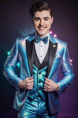 a Irish American drag king in a tuxedo with a chevron pattern, holographic!!!, shimmering and prismatic, holographic material, holographic, sparkly, holographic suit, smile