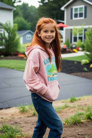 "Nicolette, at 10 years old, stands in her front yard, her long red hair beginning to lose its neatness as she pulls it into a messy ponytail. She's in the middle of a transition—still wearing a pink hoodie but paired with worn-out jeans and sneakers that show her growing interest in rough-and-tumble play. Her hands are stuffed in her pockets as she watches Zach, her older neighbor and best friend, riding his bike nearby. There’s a hint of hesitation in her, still clinging to her girly side but slowly adopting Zach’s carefree attitude. A smudge of dirt on her cheek and the way she kicks a stray rock signal the shift from the girly girl she used to be to the tomboy she’s becoming. Despite the change, her gaze is still drawn to Zach, a playful spark in her eyes as she debates whether to join him."