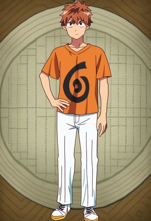 solo, looking at viewer, brown hair, shirt, 1boy, brown eyes, standing, full body, male focus, shoes, striped, pants, hand on hip, white footwear, t-shirt, orange shirt, spiral print shirt, sneakers, KINOSHITA KAZUYA