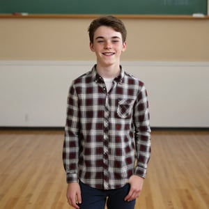 Zach, an 18-year-old transgender boy with short, dark brown hair and bright eyes, beaming with a warm smile in a clean and modern school photo backdrop, his plaid button down shirt pops against soft features. Wearing pants and sneakers, Full body, Freckles on his nose and a subtle crease on his forehead. Zach's presence takes center stage amidst blurred background colors. Is dating his childhood friend who is also named Zach. Upper body 