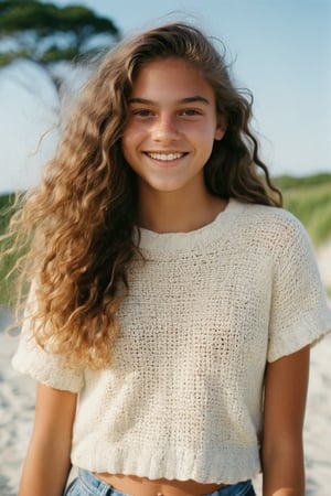 photo of a rich 18-year-old mixed with Brazilian and German tomboy model, living in Cape Cod, long masculine wavy hair, cute smile and face,  teenager, tomboy summer hand-knit top, hazel eyes, Kodak ultra max disposable cinematic photography, soft lense