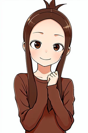 1girl, solo, long hair, looking at viewer, smile, simple background, brown hair, long sleeves, white background, brown eyes, closed mouth, upper body, ponytail, heart, sidelocks, sweater, forehead, heart hands, takagi-san