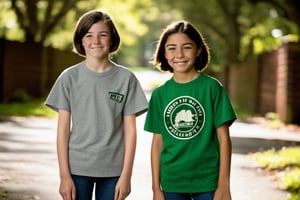 14 year old Irish American boy with very short brown hair wearing a t shirt, with his best friend who is a 13 year old Asian American tomboy girl with very short hair 