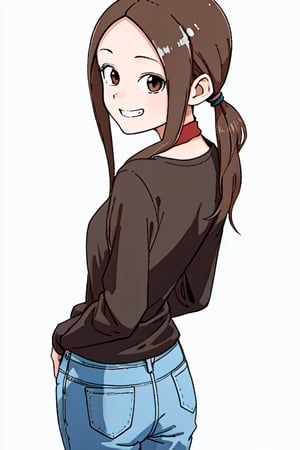 1girl, solo, long hair,low ponytail, looking at viewer, smile, bangs, simple background, brown hair, shirt, long sleeves, white background, brown eyes, sidelocks, pants, grin, parted bangs, black shirt, looking back, from behind, arms behind back, denim, forehead, jeans, blue pants,exTakagi