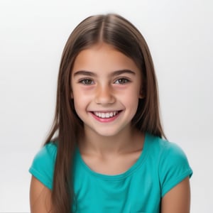 young girl smiling in front od the camera, long brown hair, vivid colors and ultra-HD quality, white background. 