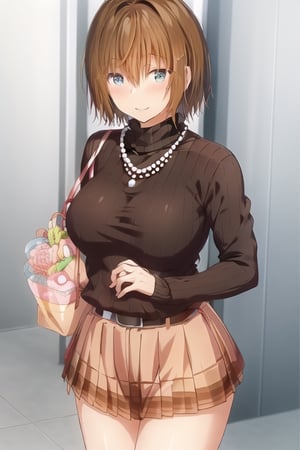 masterpiece, best quality,1woman, aged up, mature female, adult, 27 years old,solo,kiryuu mizuha,brown hair,short hair,hair between eyes, brown eyes, socks, jewelry, pleated skirt, belt, necklace, black sweater, turtleneck, white_skirt, grey_skirt, ribbed_sweater, beads, turtleneck_sweater, door, bead_necklace, red_sweater, pearl_necklace,  anime screencap, 