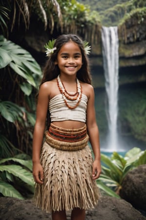 cinematic film still, full body, Portrait of a 10 year old polynesian girl named Moana, wearing traditional Polynesian clothing, smiling; pacific island with waterfall in the background, ambient light, Nikon 15mm f/1.8G, by Alessio Albi, by Annie Leibowitz, by Lee Jeffries